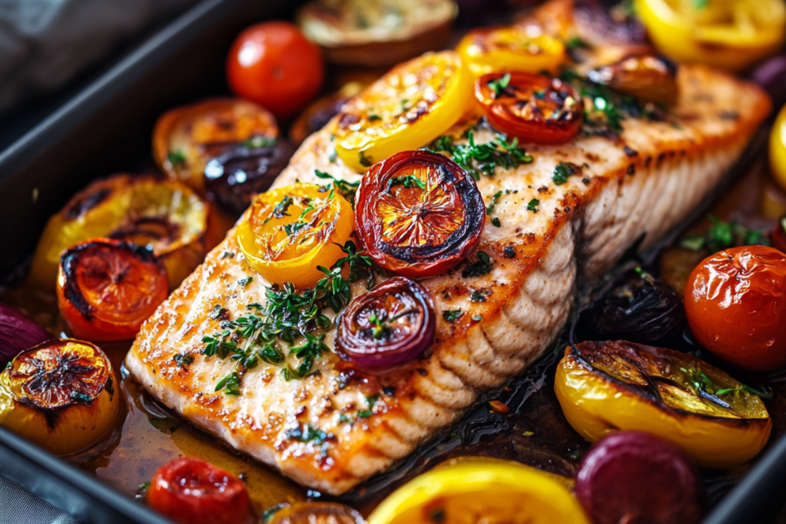 One-Pan Roasted Salmon with Mediterranean Vegetables
