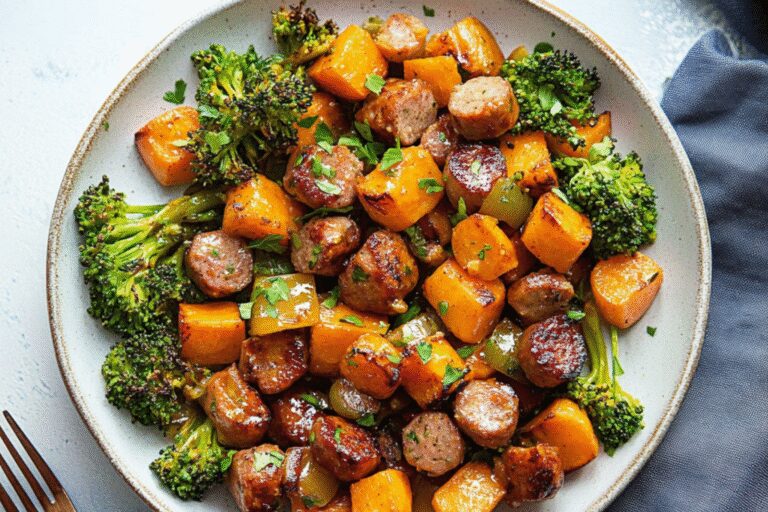 Sheet Pan Sausage and Sweet Potatoes with Honey Garlic Sauce