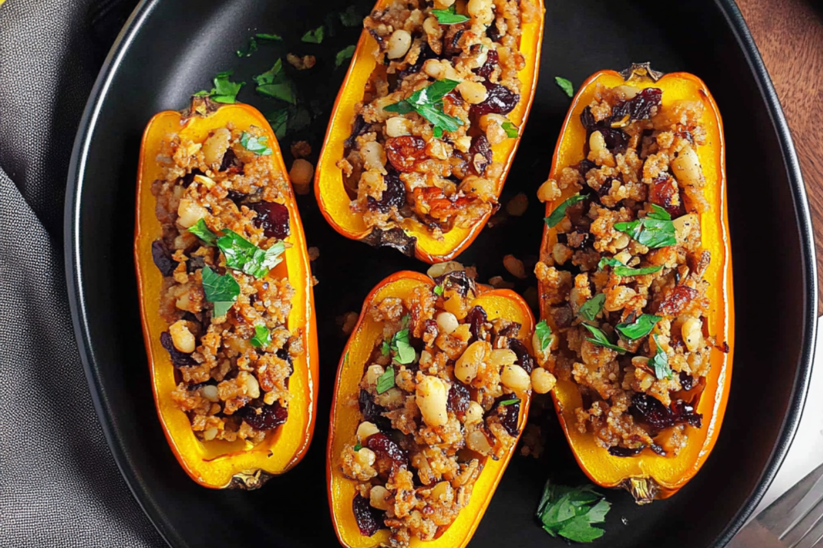 Lentil Stuffed Delicata Squash with Cranberries and Pecans
