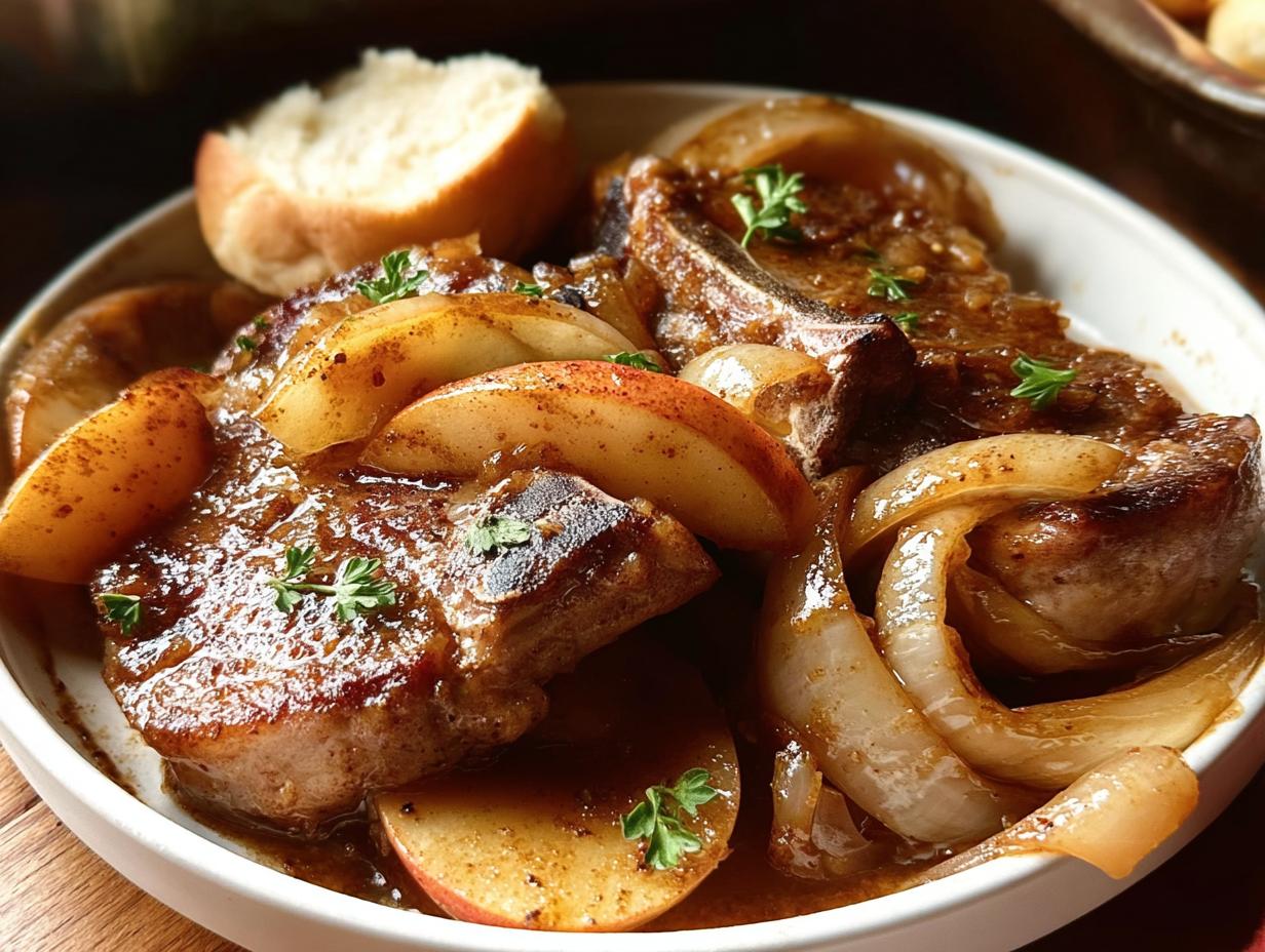 Close-up of tender Slow Cooker Apple Cinnamon pork chops with caramelized apples