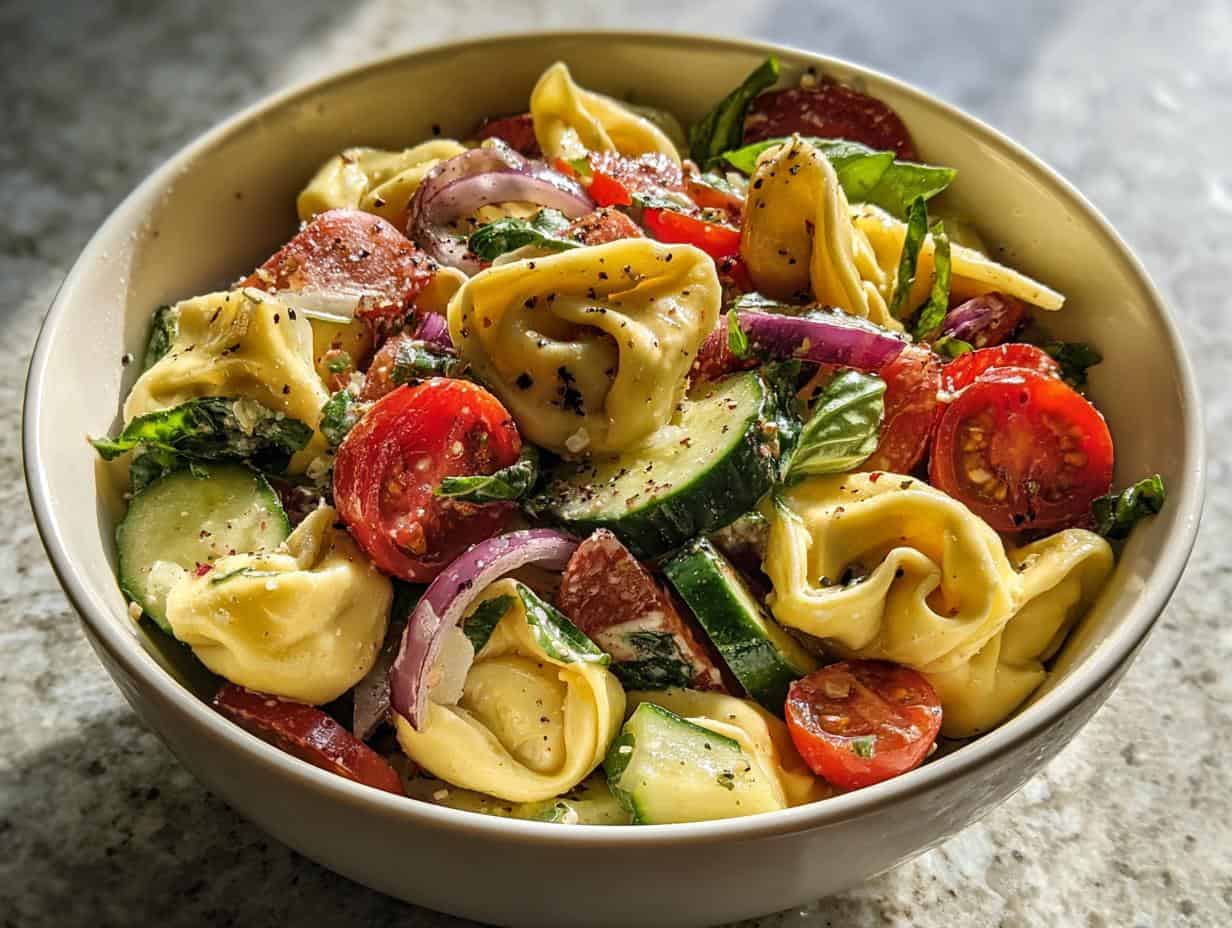 Close-up of Tortellini Pasta Salad ingredients being tossed